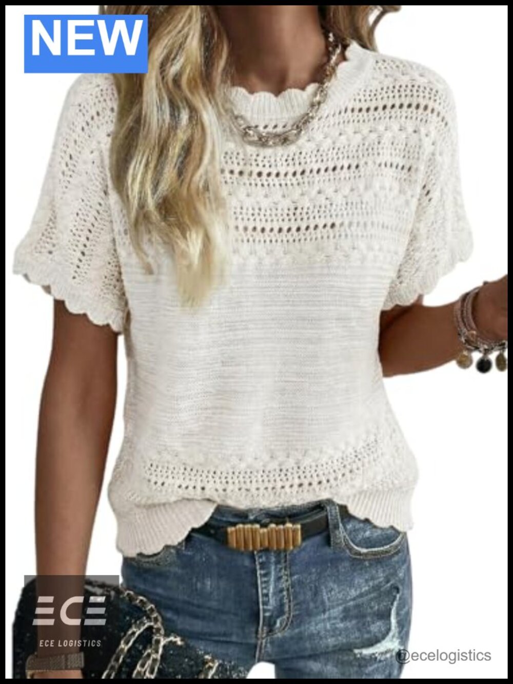 Short Sleeve Knit Sweater Top Crochet Loose Fit Crewneck Pullover